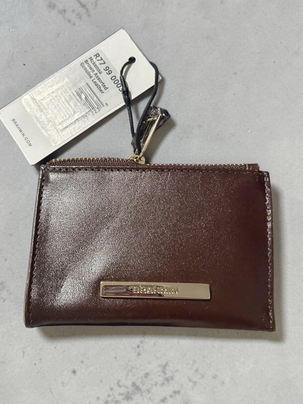 Brahmin Dark Brown Leather Zip Card Wallet with Gold Plaque